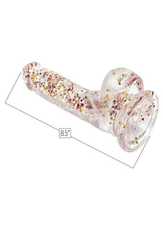 Glittergasm Realistic Clear Dildo with Balls and Suction Cup - Red/Orange/Golden Glitter