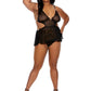 Barely Bare Tie-Back Baby Doll Teddy and Thong - Black - Plus Size/Queen
