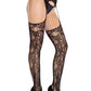 Leg Avenue Bloom Net Stockings with Cut-Out Thigh Detail and Attached Garter Belt - Black - One Size
