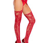 Leg Avenue Bloom Net Stockings with Cut-Out Thigh Detail and Attached Garter Belt - Red - One Size