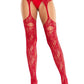 Leg Avenue Bloom Net Stockings with Cut-Out Thigh Detail and Attached Garter Belt - Red - One Size