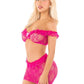 Leg Avenue Bow Net Ruffle Trimmed Bra Top and V-Cut Low Waist Mini Skirt - Magenta/Red - One Size - 2 Piece