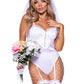 Leg Avenue Bridal Babe Lace Garter Bodysuit, Bow and Train Bustle, and Bridal Veil - White - Small - 3 Piece