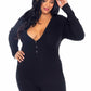 Leg Avenue Brushed Rib Romper Long Johns with Cheeky Snap Closure Back Flap - Black - 3XLarge/4XLarge/Queen