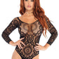 Leg Avenue Crochet Lace Long Sleeved Snap Crotch Thong Back Bodysuit - Black - Medium/Small