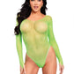 Leg Avenue Crystalized Long Sleeve Fishnet Thong Back Bodysuit with Snap Crotch - Neon Green - One Size