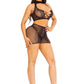 Leg Avenue Dotted Net and Lace Halter Crop Top with Faux Lace Up Front and Mini Skirt