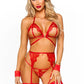 Leg Avenue Eyelash Lace Cage Strap Open Cup Bra with Heart Ring Accent, Garter Belt, G-String Panty and Wrist Cuffs - Red - One Size - 4 Pieces