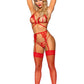 Leg Avenue Eyelash Lace Cage Strap Open Cup Bra with Heart Ring Accent, Garter Belt, G-String Panty and Wrist Cuffs