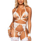 Leg Avenue Eyelash Lace Cage Strap Open Cup Bra with Heart Ring Accent, Garter Belt, G-String Panty and Wrist Cuffs - White - One Size - 4 Pieces