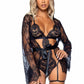 Leg Avenue Eyelash Lace Garter Teddy with G-String Back and Adjustable Straps, Lace Robe and Ribbon Tie - Black - Small - 3 Pieces