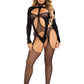Leg Avenue Fishnet Halter Suspender Bodystocking and Layered Opaque Cut-Out Teddy