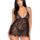 Leg Avenue Floral Lace Babydoll with Eyelash Lace Scalloped Hem Adjustable Cross-Over Straps and G-String Panty - Black - Small