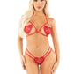 Leg Avenue Heart Applique Open Cup Bra and Pearl Strand Dual Strap G-String Panty - Red - One Size