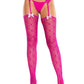 Leg Avenue Heart Lace Trimmed Heart Net Stockings with Attached Garter Belt - Magenta/Red - One Size