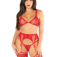 Leg Avenue Lace Bra Top with Dual Strap Detail, G-String Panty and Lace Top Garter Belt Stockings - Red - One Size - 3 Piece