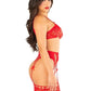 Leg Avenue Lace Bra Top with Dual Strap Detail, G-String Panty and Lace Top Garter Belt Stockings - Red - One Size - 3 Piece