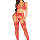 Leg Avenue Lace Bra Top with Dual Strap Detail, G-String Panty and Lace Top Garter Belt Stockings