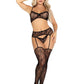 Leg Avenue Lace Bra Top with Mini Bow Detail V-Front G-String and Garter Belt Stockings