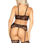 Leg Avenue Lace Bra Top with Mini Bow Detail V-Front G-String and Garter Belt Stockings