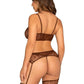 Leg Avenue Lace Bra Top with Mini Bow Detail, V-Front G-String, and Garter Belt Stockings - Cocoa