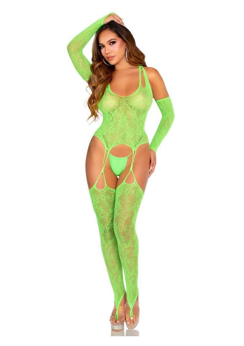 Leg Avenue Lace Halter Footless Cami Garter with Attached Toe Loop Stockings and Arm Warmers