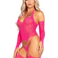 Leg Avenue Lace Halter Footless Cami Garter with Attached Toe Loop Stockings and Arm Warmers - Pink - One Size