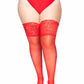 Leg Avenue Lycra Sheer Stay Up Thigh High with 5in Silicone Lace Top - Red - Plus Size/Queen