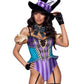 Leg Avenue Mischievous Mad Hatter Garter Bodysuit with Strappy Deep-V and Puff Sleeves, Bow Collar, and Mad Hatter Hat - Multicolor - Large - 3 Piece