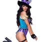 Leg Avenue Mischievous Mad Hatter Garter Bodysuit with Strappy Deep-V and Puff Sleeves, Bow Collar, and Mad Hatter Hat - Multicolor - Small - 3 Piece