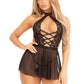 Leg Avenue Plunging Lace Halter Babydoll with Sheer Skirt and Lace G-String - Black - Medium - 2 Piece