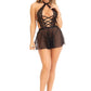 Leg Avenue Plunging Lace Halter Babydoll with Sheer Skirt and Lace G-String