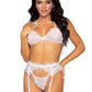 Leg Avenue Rhinestone Eyelash Lace Bra Top Garter Belt and G-String - White - Medium - 3 Pieces