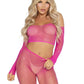 Leg Avenue Rhinestone Fishnet Crop Top and Footless Tights - Neon Pink - One Size