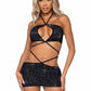 Leg Avenue Rhinestone Keyhole Bandeau Top and Low Rise Skirt with Waist Strap Detail - Black - Medium - 2 Pieces