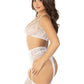 Leg Avenue Rhinestone Lace Bra Top G-String and Fishnet Garter Belt Stockings - White - One Size - 3 Piece