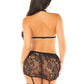 Leg Avenue Rhinestone Lace Halter Bra Top V-Cut Low Waist Garter Skirt and Stockings