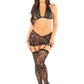 Leg Avenue Rhinestone Lace Halter Bra Top V-Cut Low Waist Garter Skirt and Stockings