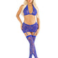 Leg Avenue Rhinestone Lace Halter Bra Top V-Cut Low Waist Garter Skirt and Stockings