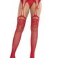 Leg Avenue Rhinestone Lace Top Fishnet Stockings with Attached Garter Belt - Red - One Size