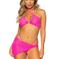 Leg Avenue Rhinestone Mesh Bra Top with Ring Accent, G-String Panty and Matching Sarong - Neon Pink/Pink - Medium - 3 Pieces
