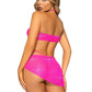 Leg Avenue Rhinestone Mesh Bra Top with Ring Accent, G-String Panty and Matching Sarong - Neon Pink/Pink - Small - 3 Pieces