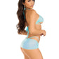 Leg Avenue Rhinestone Mesh Wrap Around Bra Top, G-String Panty, and Ruched Tie Sarong (3 Piece) - Medium/Large - Baby - Blue