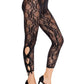 Leg Avenue Scalloped Trimmed Floral Lace Footless Capri Tights with Keyhole Bow Detail - Black - One Size