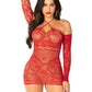 Leg Avenue Seamless Lace Net Off The Shoulder Mini Dress with Twist Halter Strap - Red - One Size