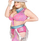 Leg Avenue Space Cowgirl Set Bandana Print Tie Front Crop Top with Fringe Trim, High Waist Bottoms with Attached Chaps, Belt with Fringe Detail, and Neck Bandana (4 Piece) - 1x/2x - Multicolor