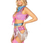 Leg Avenue Space Cowgirl Set Bandana Print Tie Front Crop Top with Fringe Trim, High Waist Bottoms with Attached Chaps, Belt with Fringe Detail, and Neck Bandana - Multicolor - XSmall - 4 Piece