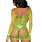 Leg Avenue Supreme Fence Net Long Sleeved Mini Dress - Green/Neon Green - One Size