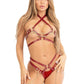 Leg Avenue Vegan Leather Heart Ring Studded Harness Bra Top with Chain Accent and Coordinating Thigh Garter Harness - Burgundy/Red - Medium - 2 Piece