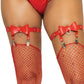 Vegan Leather Thigh High Bow Garter with Adjustable Straps and Heart Ring Accent - Red - One Size